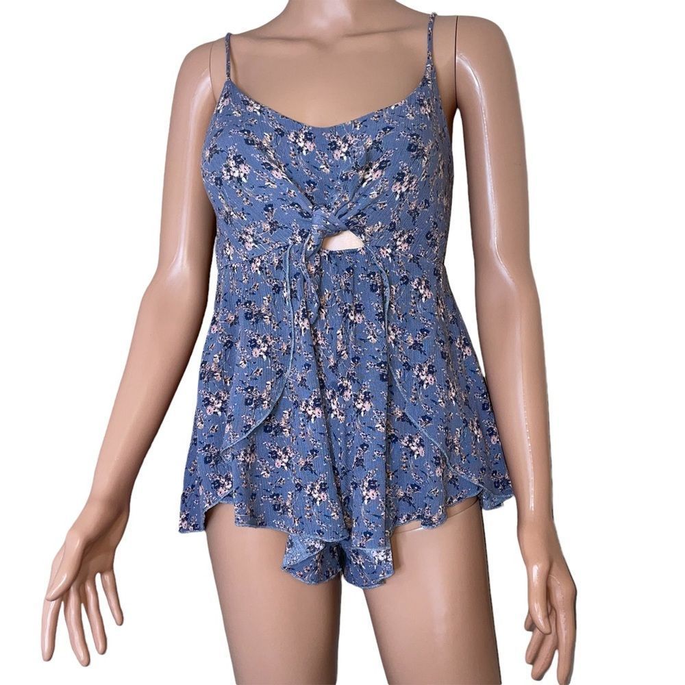 Blue Jasmine one piece romper blue and white floral super short ruffle SZ M
